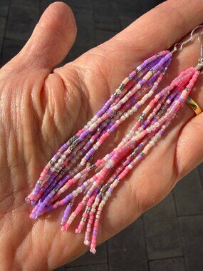 Bunny Shapiro beaded tassel earrings in lilac and pink multi, 3"